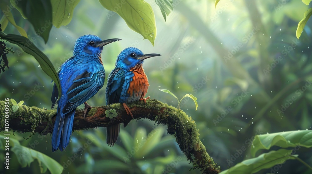 Obraz premium Two Colorful Birds Perched on a Branch in a Lush Rainforest