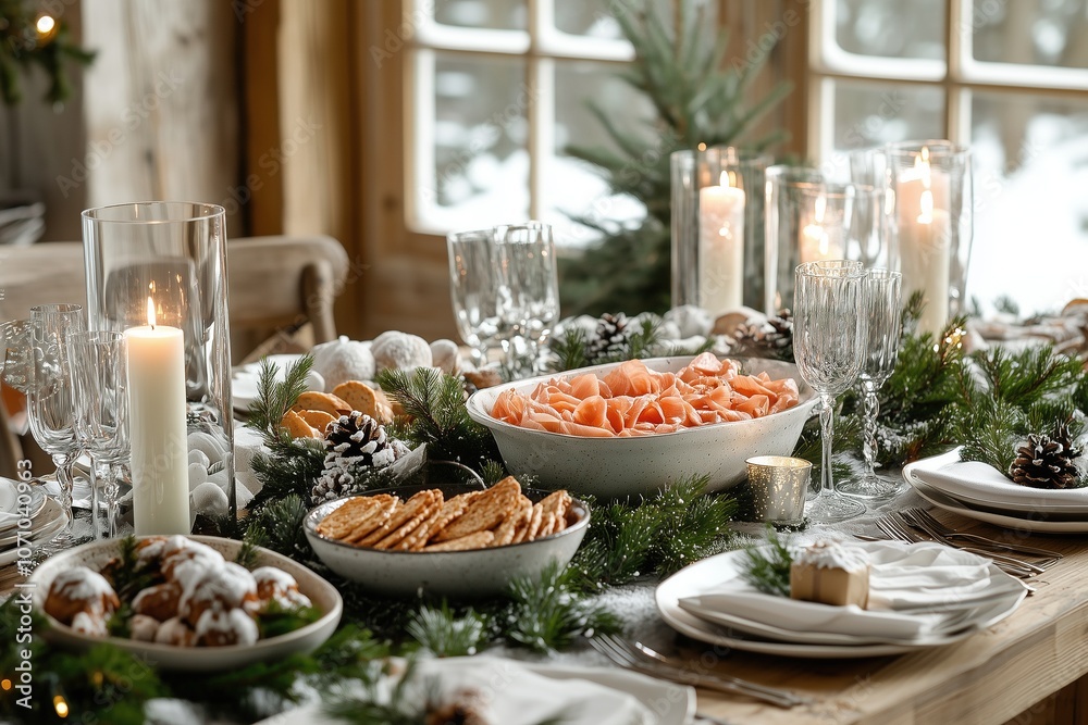 Festive table with New Year's decor, candles, traditional dishes, cozy lighting, and a holiday atmosphere for Christmas Festive table with New Year's decor, candles, traditional dishes, cozy lighting, and a holiday atmosphere for Christmas