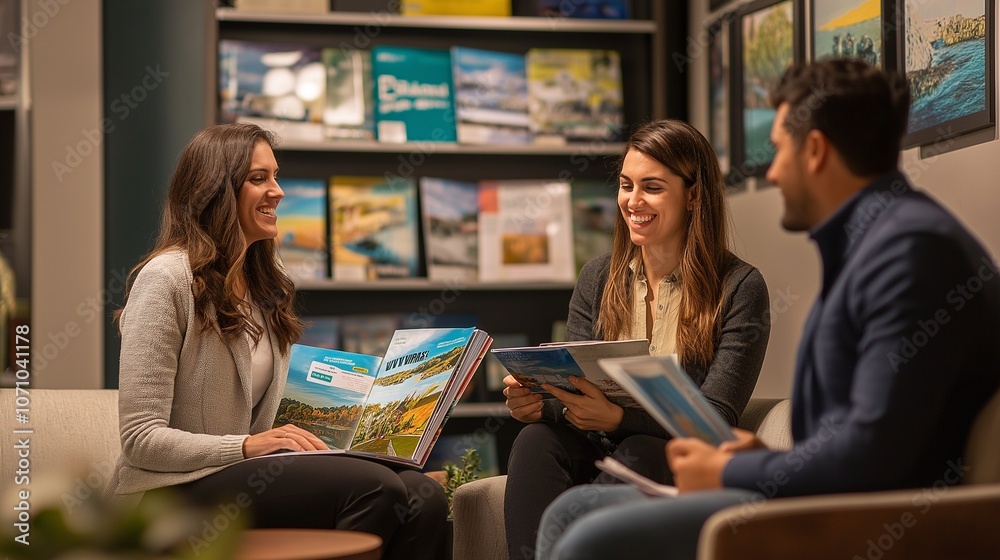 travel agent helping a couple book a vacation, sitting in a modern travel agency office travel agent helping a couple book a vacation, sitting in a modern travel agency office
