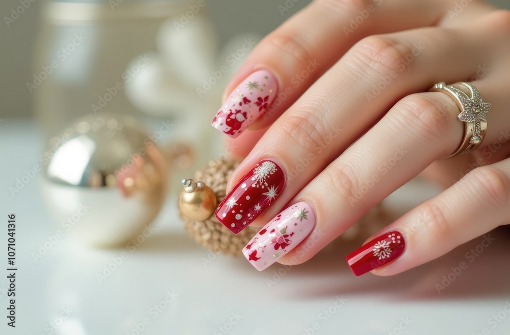 christmas manicure on women's hands, close-up, hand care in winter, New Year's card christmas manicure on women's hands, close-up, hand care in winter, New Year's card