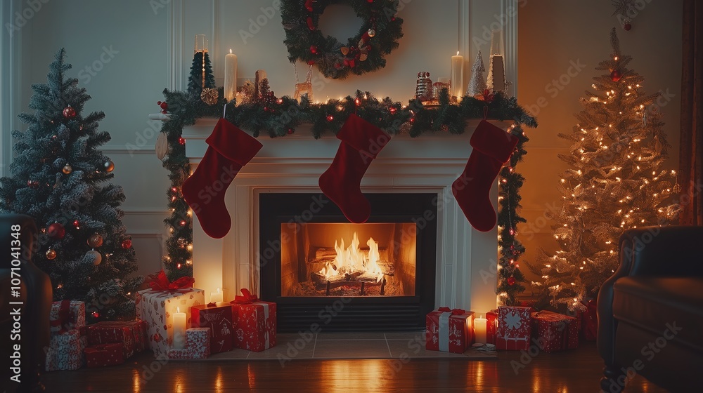 New Year's interior with a glowing Christmas tree, festive lights, gifts under the tree, and a fireplace decorated with holiday decor New Year's interior with a glowing Christmas tree, festive lights, gifts under the tree, and a fireplace decorated with holiday decor