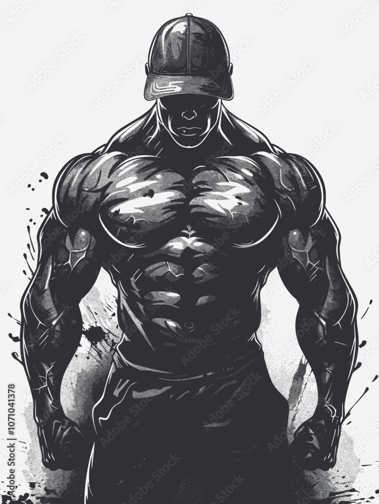 Muscular man with a helmet on his head. The man is standing in front of a white background