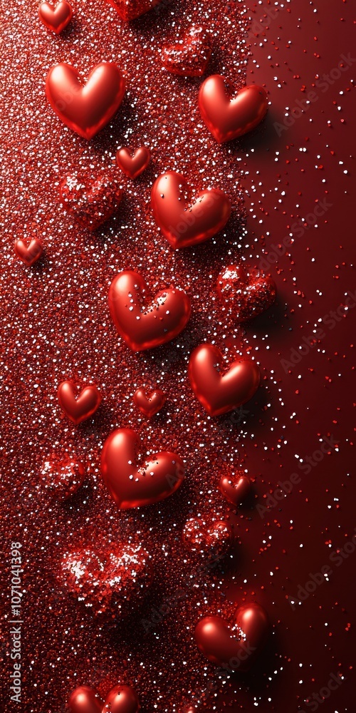 Red Hearts Scattered on Red Glitter Background Red Hearts Scattered on Red Glitter Background