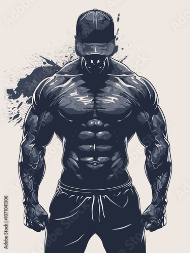 Man with a muscular build stands with his arms crossed and a determined look on his face. The image is a black and white drawing of a man with a muscular build, and it conveys a sense of strength