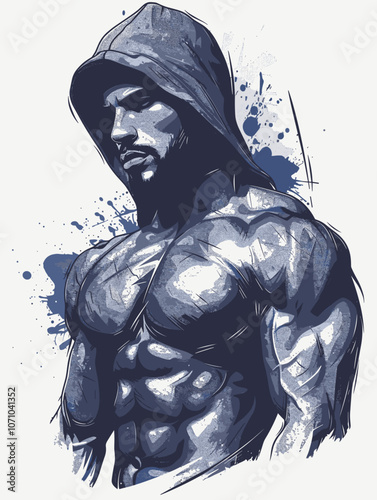Man with a hoodie on and a muscular body. The man is standing with his arms crossed and looking away. The image has a mood of determination and strength