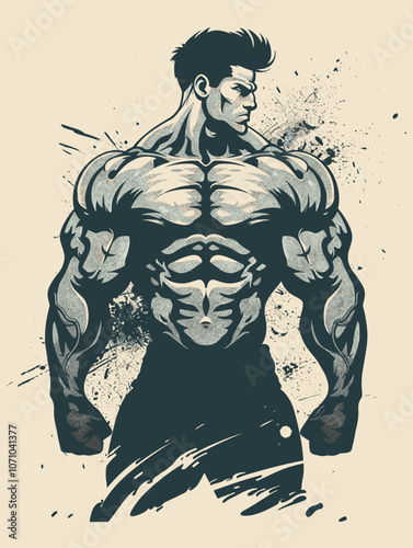 Man with a muscular build is standing in front of a wall with a splatter of paint on it