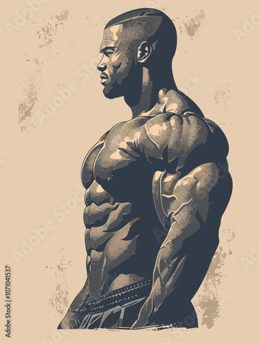 Man with a muscular build is the main subject of the image. The man is standing with his arms crossed and his head tilted to the side. The image has a somewhat abstract feel to it