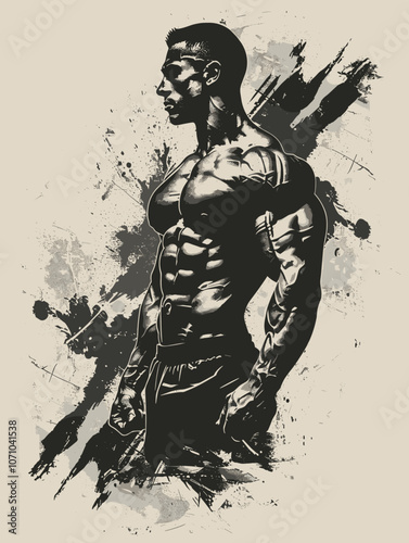 Man with a muscular body is standing in front of a blurry background. The image has a grungy and edgy feel to it, with the man's muscles and the blurry background creating a sense of movement