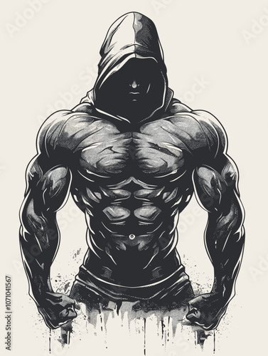 Muscular man with a hoodie on his head. The man is standing with his arms crossed and his chest puffed out. The image has a strong and powerful vibe, with the hoodie adding a sense of mystery