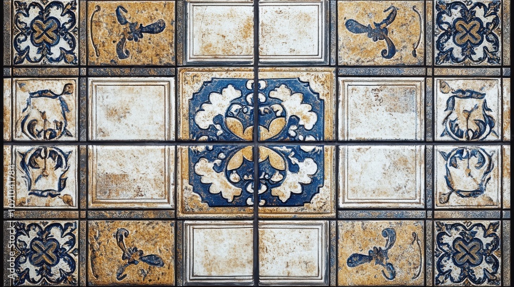 Intricate blue and gold decorative tiles featuring floral and animal motifs, showcasing artistic craftsmanship. Intricate blue and gold decorative tiles featuring floral and animal motifs, showcasing artistic craftsmanship.