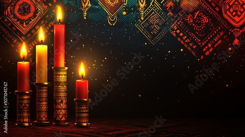 Kwanzaa, Mishumaa Saba candles in the foreground, dark background with ethnic patterns and golden accents photo