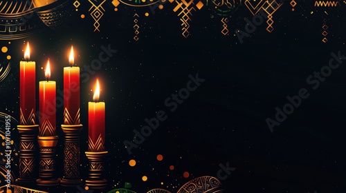 Kwanzaa, Mishumaa Saba candles in the foreground, dark background with ethnic patterns and golden accents photo