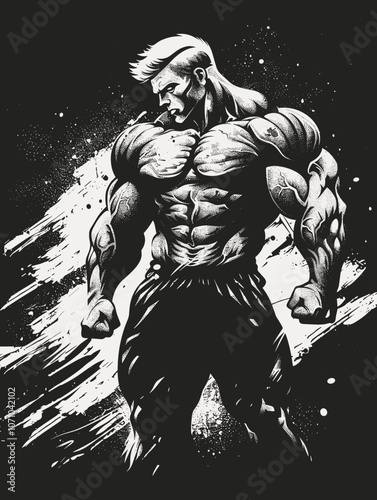 Muscular man with a black background. The man is standing with his arms crossed and his fist clenched. The image has a strong and powerful mood, with the man's muscular build