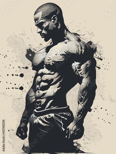 Man with a muscular body is standing in front of a white background. The image has a grungy and edgy feel to it, with the man's pose and the splatter of paint on the background