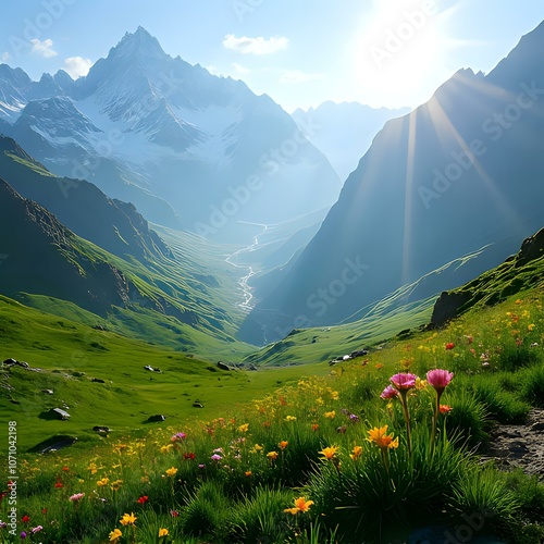 Sunlight-Kissed Alpine Meadow with Village