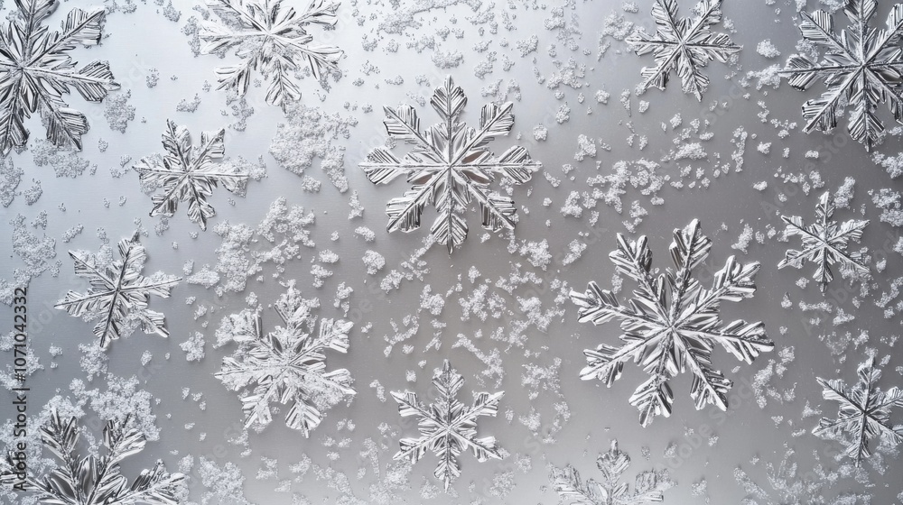Delicate snowflakes scattered gracefully on a soft gray background, capturing the beauty of winter's charm. Delicate snowflakes scattered gracefully on a soft gray background, capturing the beauty of winter's charm.
