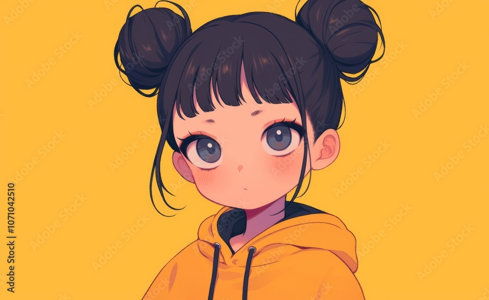 Chibi girl with black hair in two buns and bangs, wearing a hoodie, showing a playful cartoon facial expression. Solid background color in a cute anime style.