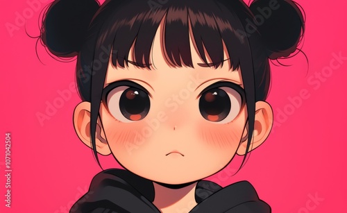Chibi girl with black hair in two buns and bangs, wearing a hoodie, showing a playful cartoon facial expression. Solid background color in a cute anime style.