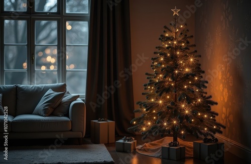 A dark living room with a warmly lit Christmas tree adorned with a star topper, surrounded by wrapped gifts, and casting a soft glow in the evening light, with a comfortable sofa by the window.