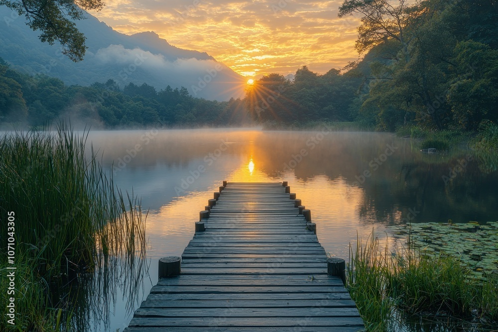 Wooden Dock Leading Towards Misty Sunrise Over a Lake Wooden Dock Leading Towards Misty Sunrise Over a Lake