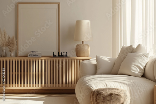 Bohemian cosy Interior Design. Luxury living room, wood sideboard. neutral Boho wooden Still living place. Royal VIP room with white beige couch, plaid, cushion. Painting mock up.