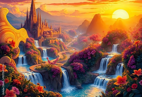 Golden Hour Waterfall Dreamscape