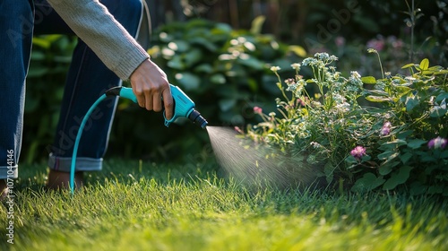 Gardener applies fertilizer on grass. Spraying grass with fungicide. Taking care of plants. Prevention and treatment of diseases and insects damage in fall photo