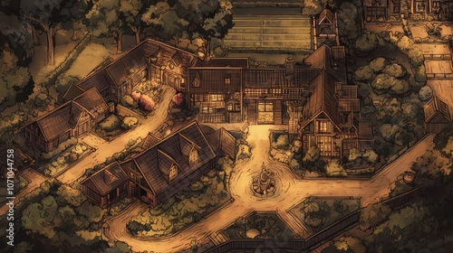 Rural Countryside Estate Houses Buildings Tabletop RPG Map, Fantasy Roleplaying Dungeon Battlemap, Adventure Games Encounters, Farmhouses Farm Town Gaming Design, TTRPG Buildings Architecture Concept photo