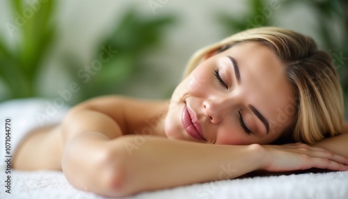 A serene woman enjoying a relaxing moment at the spa, resting peacefully on a massage table amidst lush green plants, embodying tranquility and rejuvenation.

