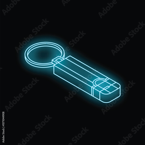 Neon usb flash drive keychain is glowing on black background