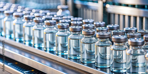 Clear glass vaccine vials are neatly arranged on a conveyor belt inside a sterile production facility, emphasizing the advanced manufacturing process