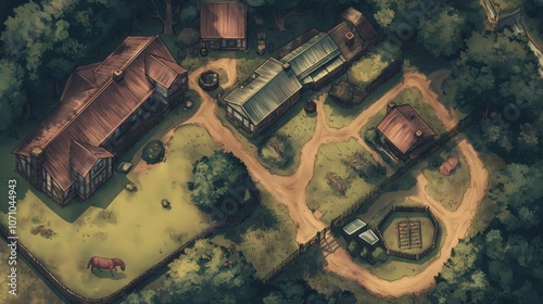 Rural Countryside Estate Houses Buildings Tabletop RPG Map, Fantasy Roleplaying Dungeon Battlemap, Adventure Games Encounters, Farmhouses Farm Town Gaming Design, TTRPG Buildings Architecture Concept photo