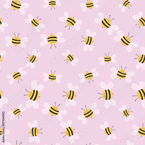 Seamless pattern with bees on color background. Small wasp. Vector illustration. Adorable cartoon character. Template design for invitation, cards, textile, fabric. Doodle style