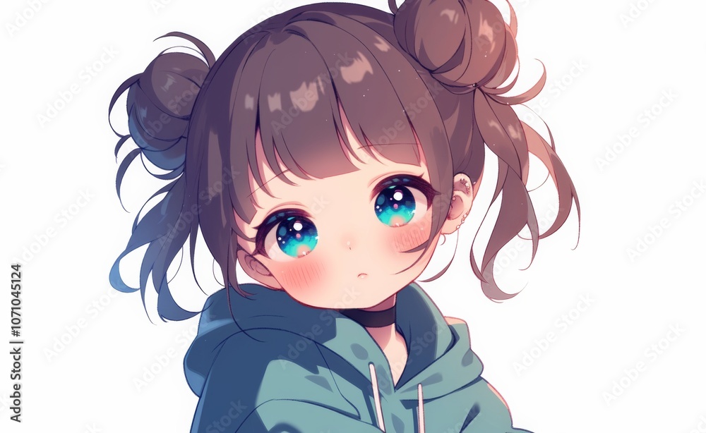 Cute chibi girl with black hair in buns, wearing a dark blue hoodie, in anime style. Simple blank background with digital art design.