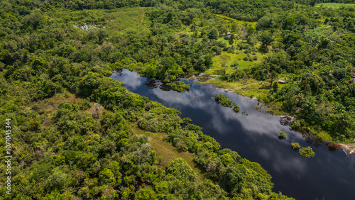 The Nanay River, one of the most important freshwater channels in the Peruvian jungle surrounded by green nature, and is part of the Allpahuayo Mishana Reserve photo