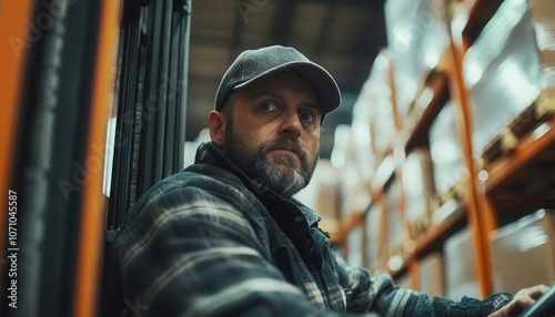 A closeup of a forklift operator focusing on navigating through a warehouse, Skilled and attentive