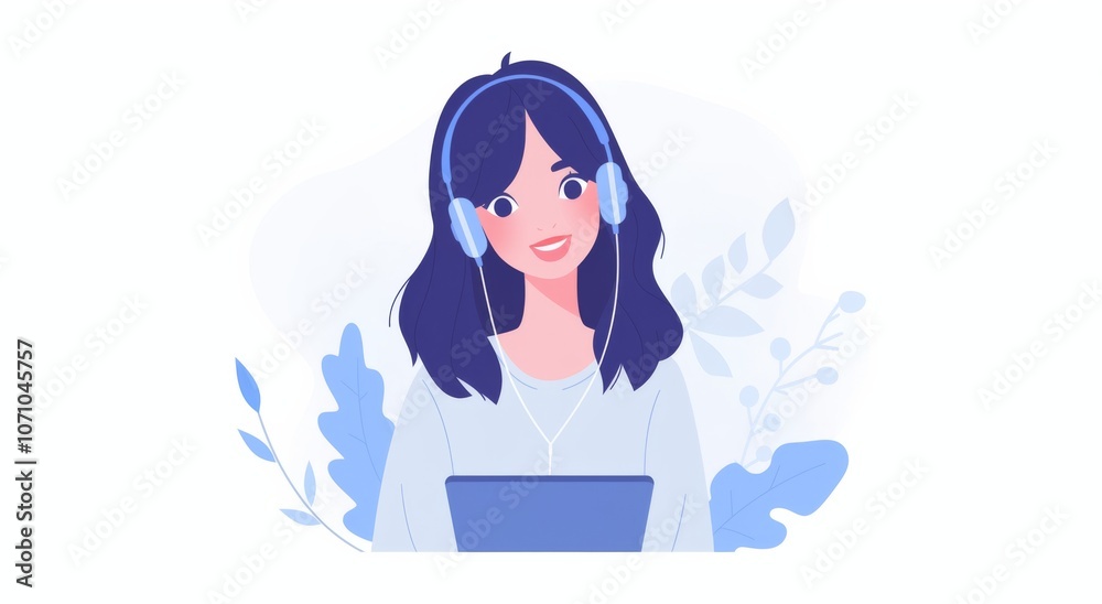 Happy woman wearing headphones and holding a tablet, in a simple flat illustration style with a light blue color palette. Happy woman wearing headphones and holding a tablet, in a simple flat illustration style with a light blue color palette.