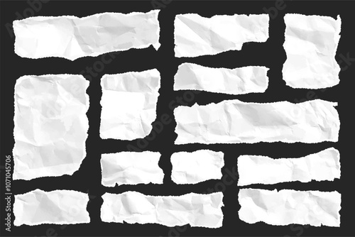 Ripped paper strips. Realistic crumpled paper scraps with torn edges. Shreds of notebook, book or old newspaper pages. Trendy collage elements. Vector illustration