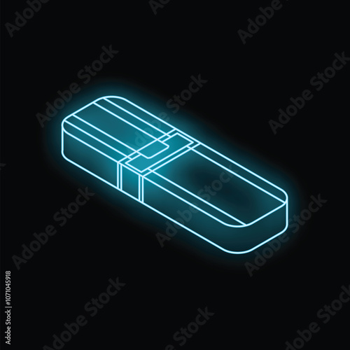 Neon usb flash drive glowing on a dark background, concept of data storage and technology