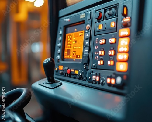 A closeup of forklift controls inside the cabin, Equipment Details, Technical and modern photo