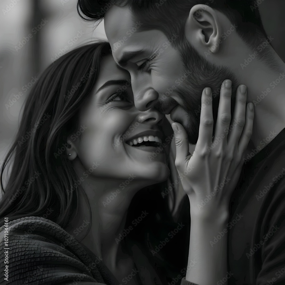 A young Caucasian couple, who have short dark hair and long dark hair, embrace and affectionately look at each other. A young Caucasian couple, who have short dark hair and long dark hair, embrace and affectionately look at each other.