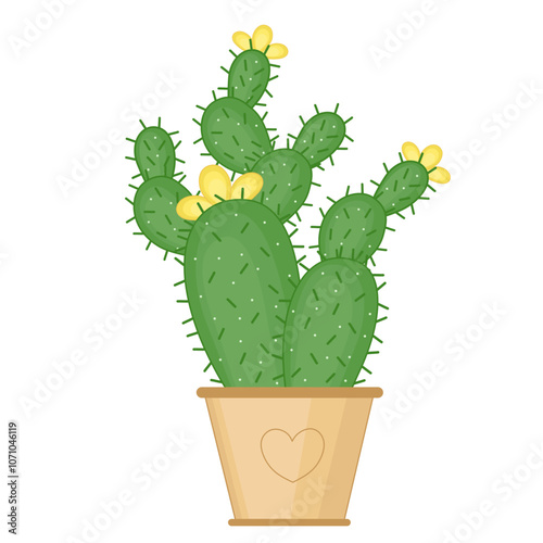 Green Cactus With Yellow Flower. Decorative House Plant