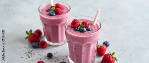 Two delicious berry smoothies topped with fresh raspberries and blueberries, offering a refreshing and healthy drink option. Perfect for summer refreshment or a nutritious breakfast.

