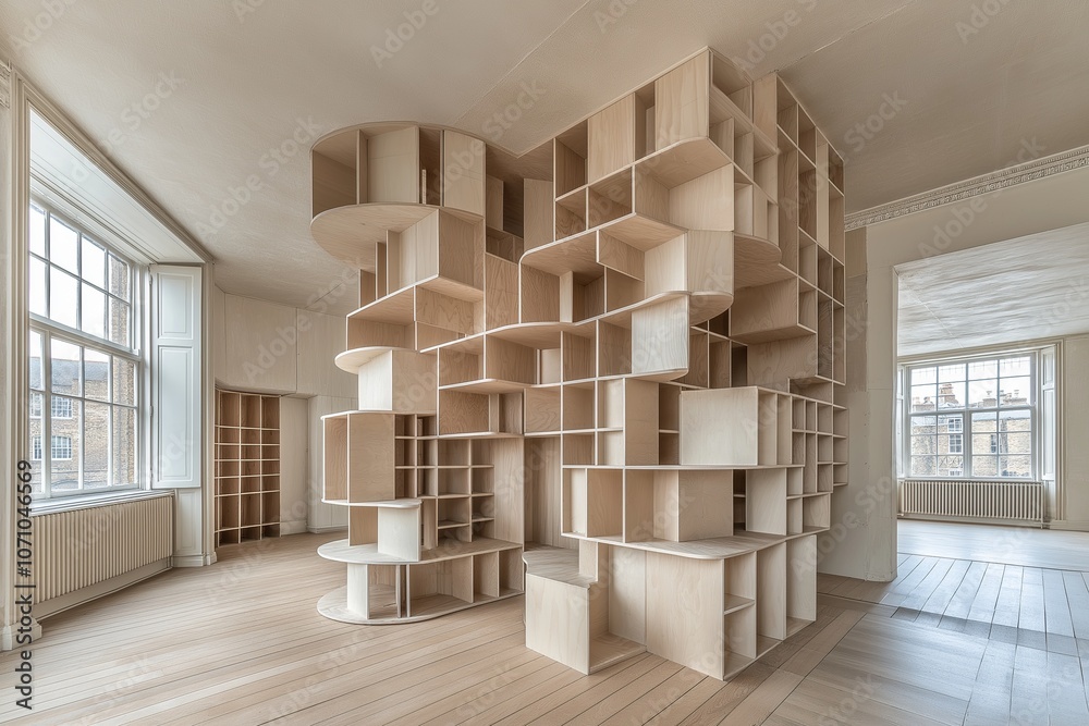 Minimalistic interior featuring empty room with stacked cardboard boxes Minimalistic interior featuring empty room with stacked cardboard boxes