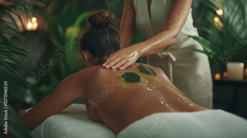 Woman back massaging with oil at spa. Beautician giving a back massage