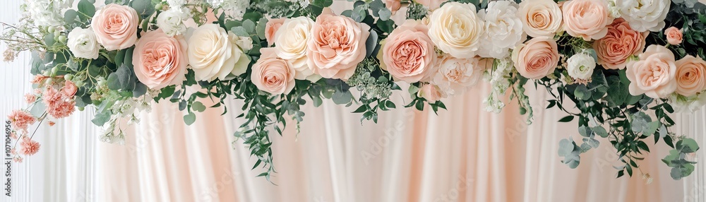 Obraz premium Floral wedding arch with blush roses and greenery, soft pastel draping, elegant and romantic setting
