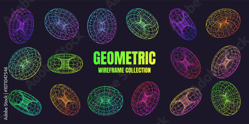 Neon lined wireframe shapes. Perspective mesh, 3d grid. Low poly geometric elements. Retro futuristic design elements, y2k, vaporwave and synthwave style. Vector illustration