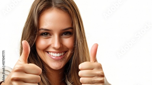 Cheerful Woman Giving Thumbs Up on White Background