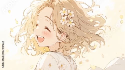 Chibi anime character with blonde curly hair, smiling and looking up at the sky. Side profile, short haircut, hair tied back. 