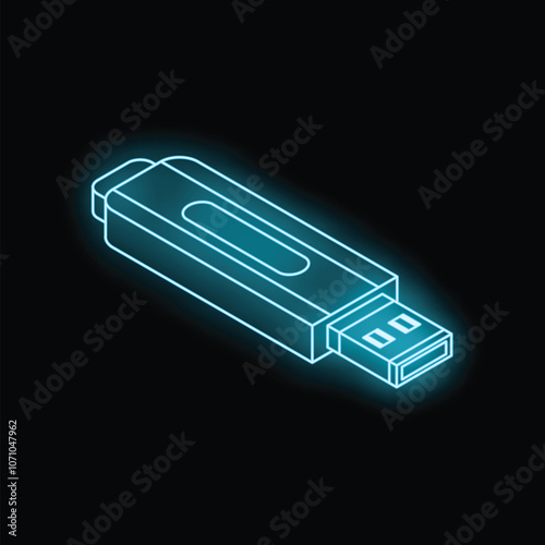 Glowing blue neon usb flash drive is isolated on a black background